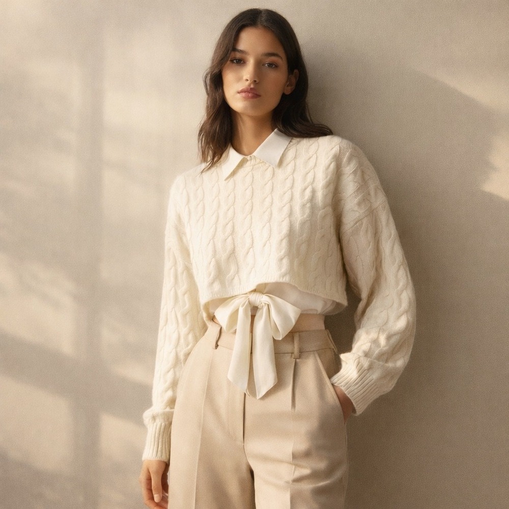 Aritzia Babaton Peggy Cream Cable Knit Cropped Sweater Wool‎ Minimal Size XL